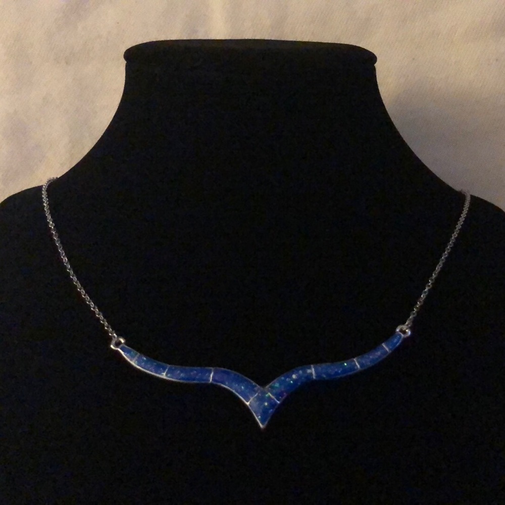 Blue Fire Opal (Simulated) V-Shape/ Whaletail Necklace